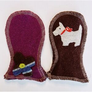 Handmade Recycled Wool Infant Mittens in Brown & Purple with Flower & Dog